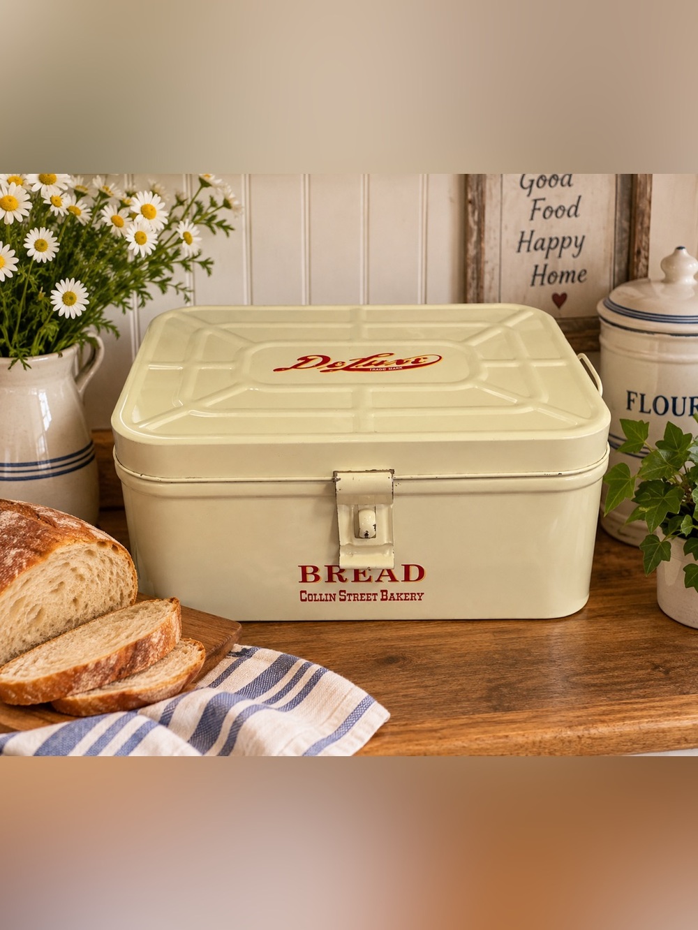 Vintage Collin Street Bakery Bread Box Enamel Metal Breadbox Hinged Lid